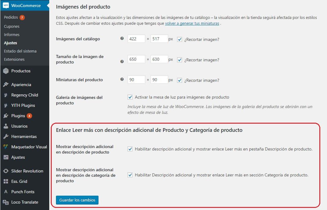 Configuración plugin Read more description for woocommerce