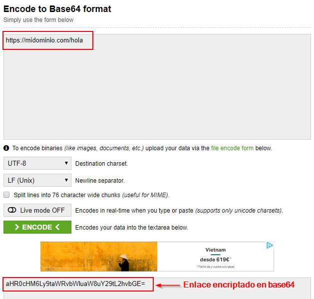 encriptación base 64 para ofuscar enlaces