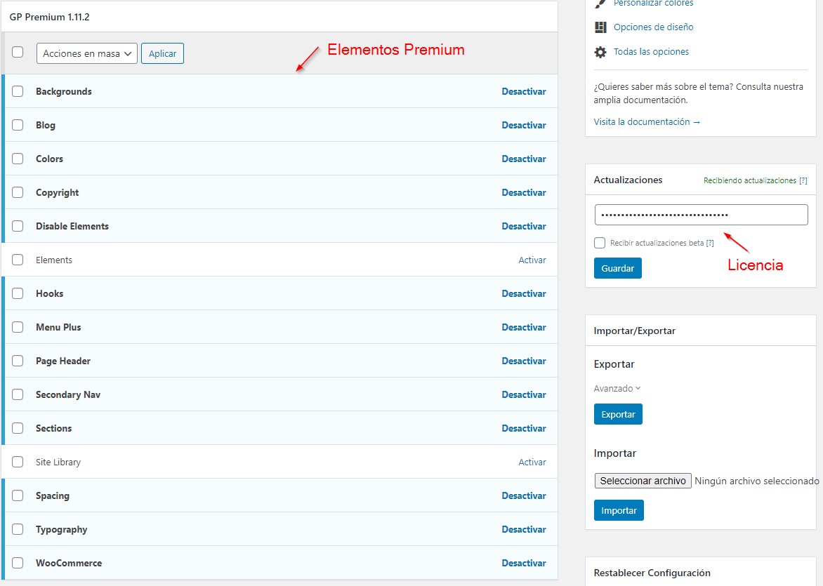 Licencia y addons generatepress premium