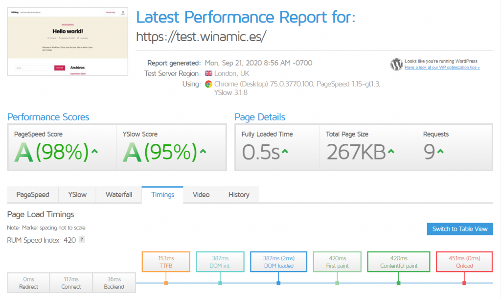 GTMetrix wordpress por defecto