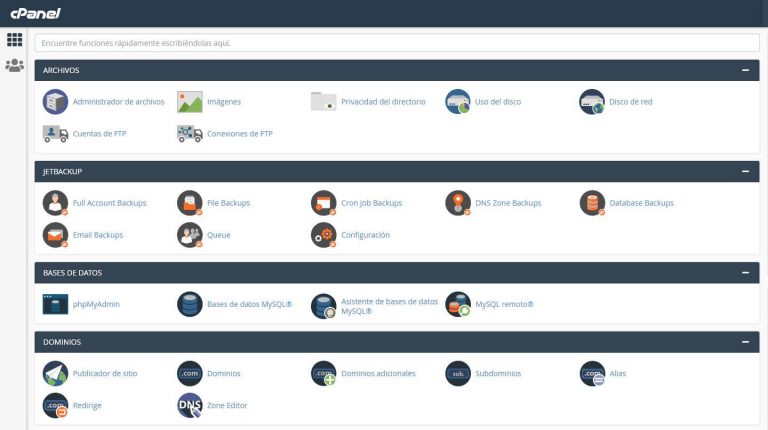 Panel general: archivos, jetbackup, bases de datos, dominios
