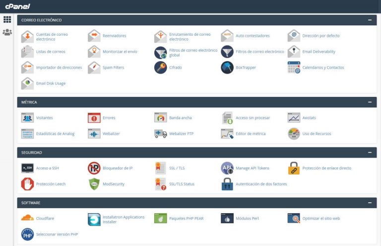 Panel general: email, métrica, seguridad, software