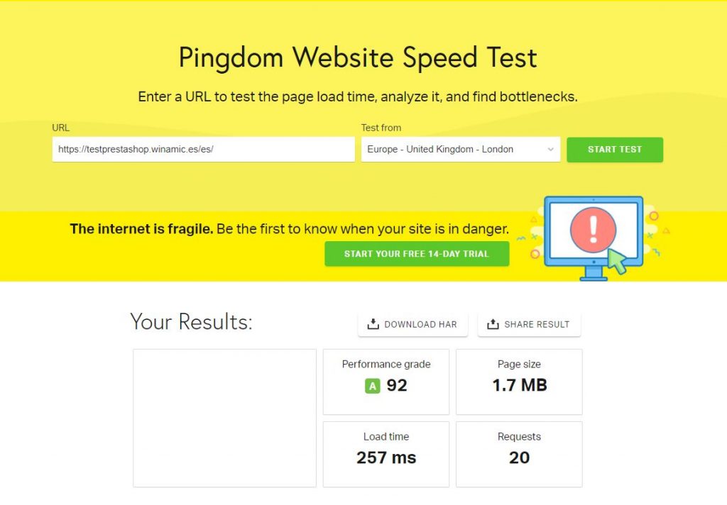 Pingdom Tools prestashop optimizado