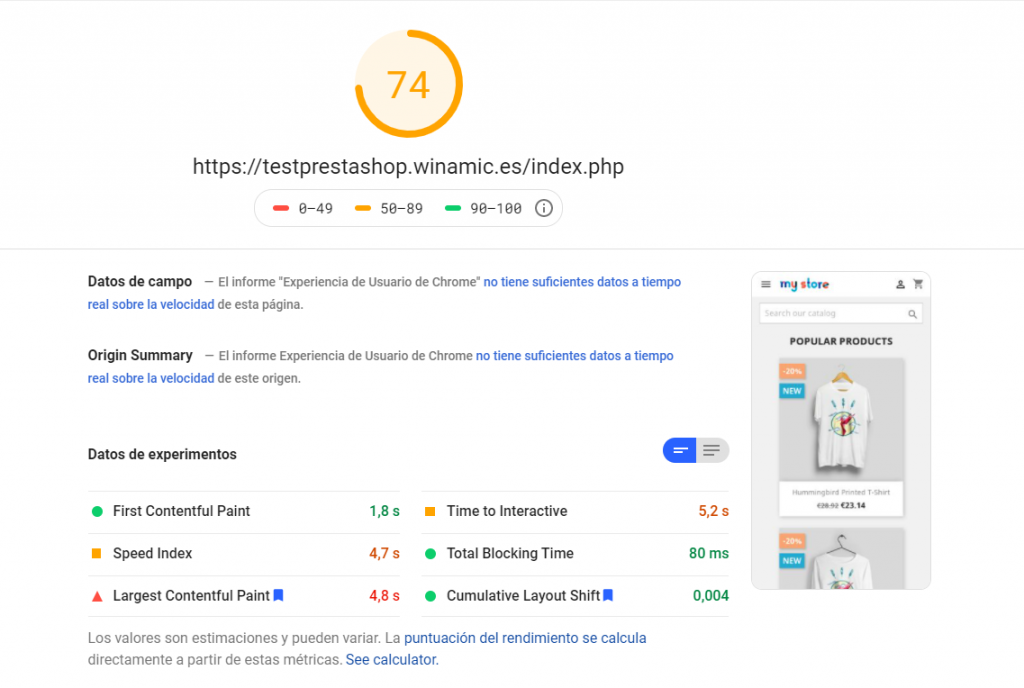 PageSpeed prestashop por defecto