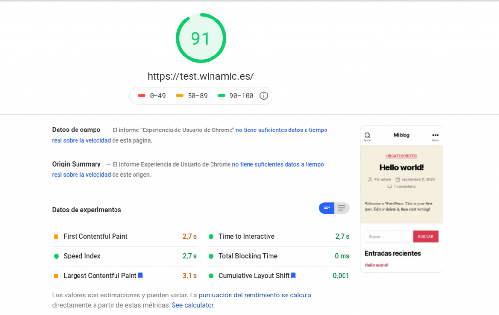 PageSpeed wordpress por defecto