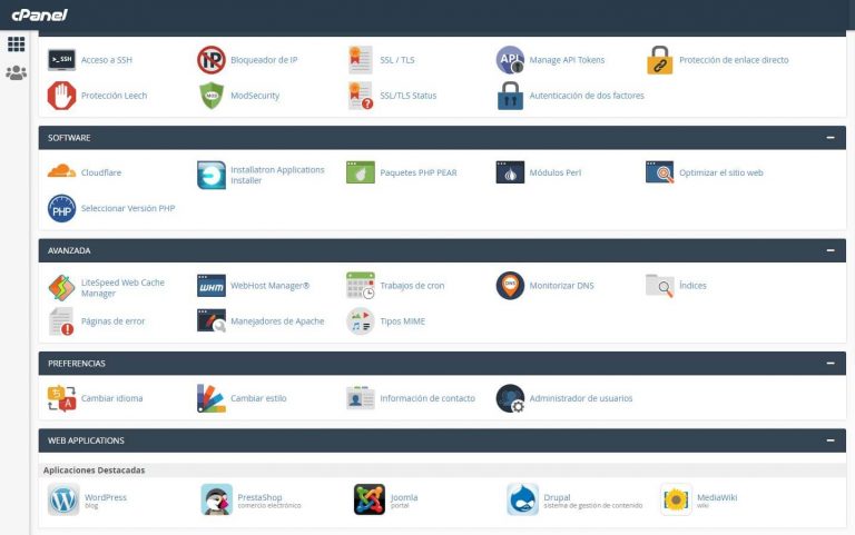 Panel general: avanzada, preferencias, aplicaciones