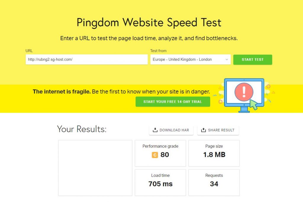 Pingdom tools prestashop por defecto - siteground