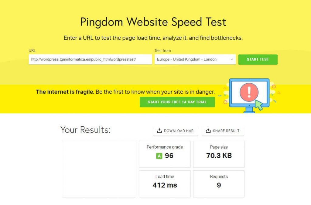 Pingdom Tools wordpress por defecto - webempresa