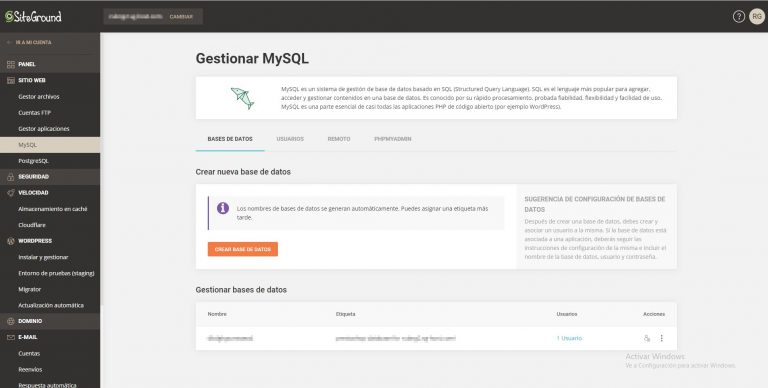 Bases de datos siteground