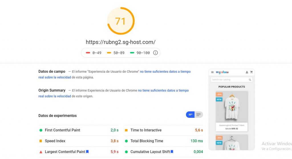 PageSpeed prestashop por defecto - siteground