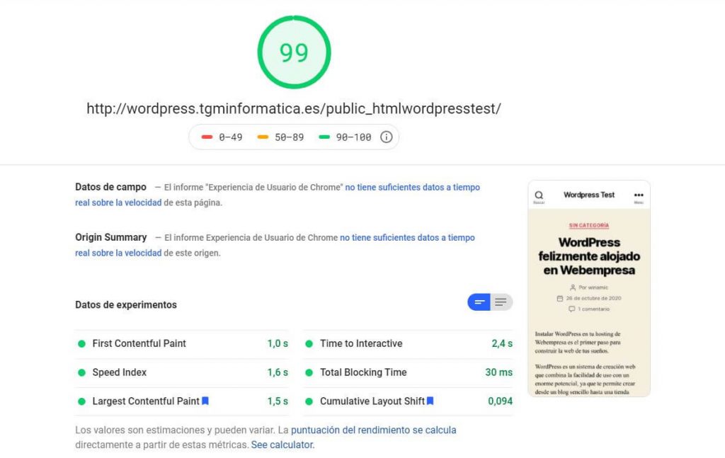 PageSpeed wordpress optimizado - webempresa