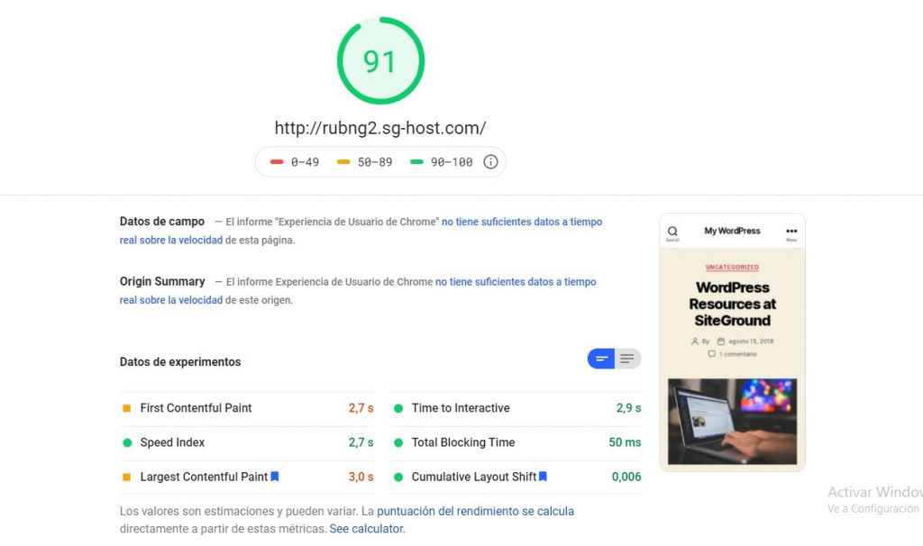 PageSpeed wordpress optimizado - siteground