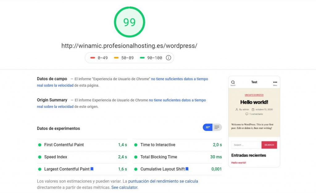 Profesional hosting wordpress por defecto page speed