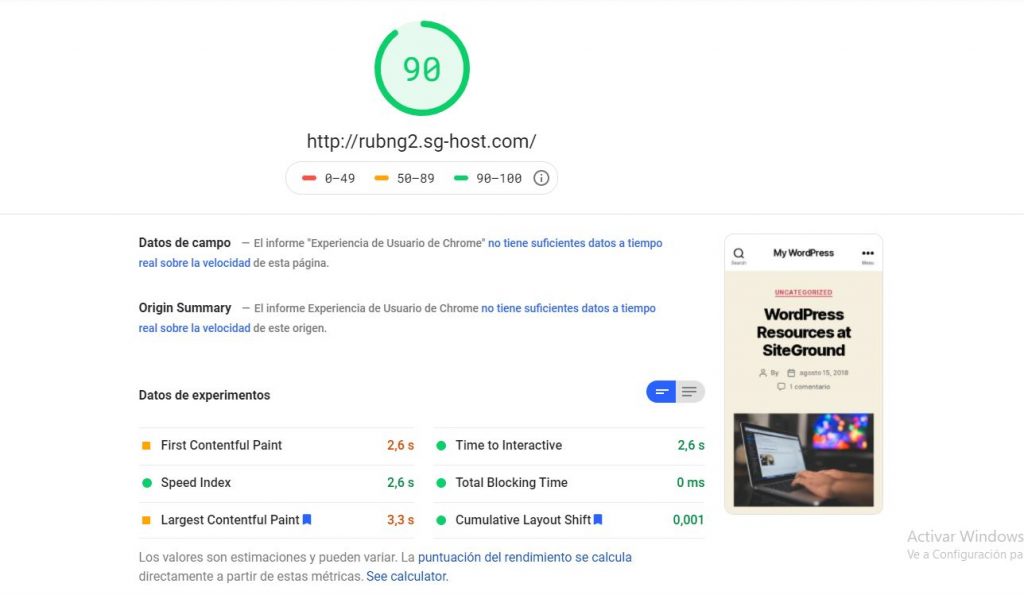 PageSpeed wordpress por defecto - siteground