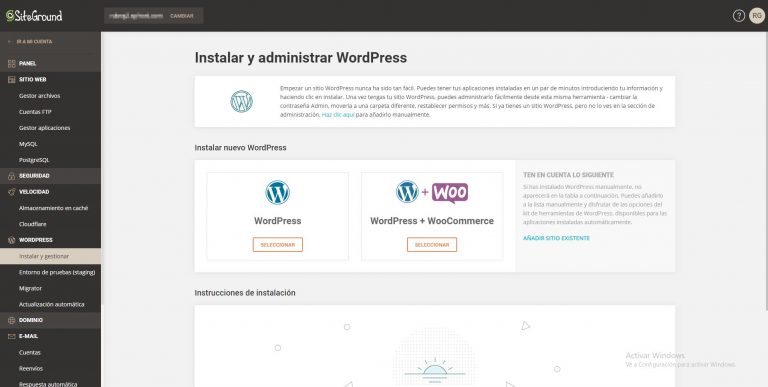 Instalación aplicaciones siteground